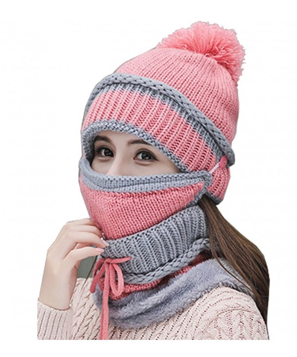 Annymall Womens Beanie Hat Scarf Mask 3 In 1 Set- Winter Warm Slouchy Knit Cap and Scarf - Pink - C4188IDQE9E
