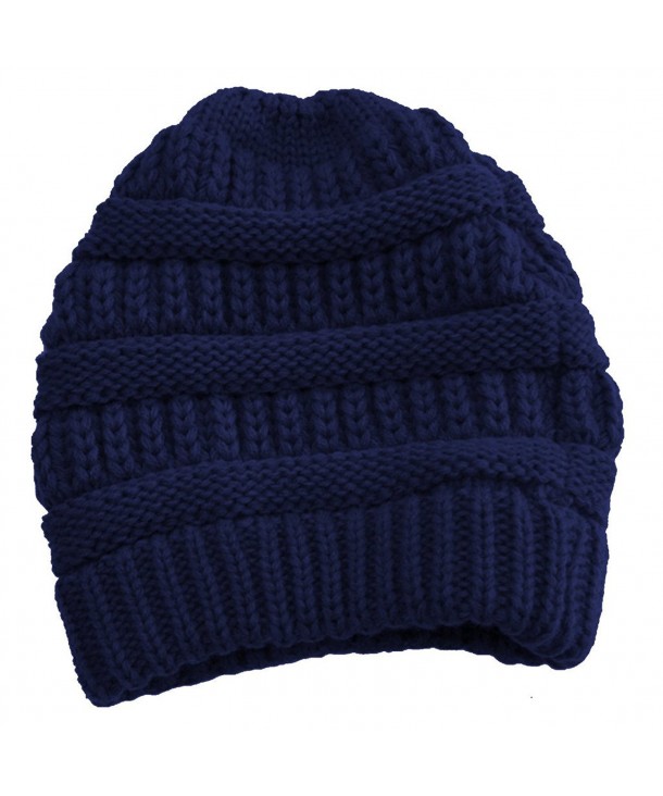 Cable Knit Slouchy Beanie Skull Cap - Navy - CY1250C5MS9