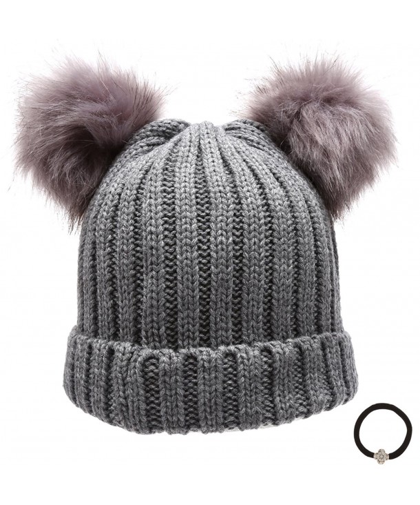 Women's Winter Chunky Knit Double Pom Pom Beanie Hat With Hair Tie. - Charcoal - C112MPZMWL9