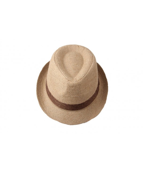Dantiya Men's Linen Straw Band Fedoras Sun Trilby Hat Caps - Camel - CQ124EJOL5T