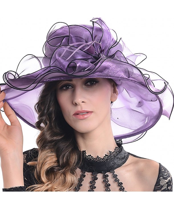 Fanny Women Organza Wide Brim Large Flower Church Sun Hat - Purple - CU11XKYODSF