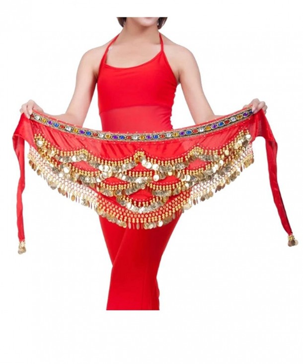 Ru Sweet Triangular Belly Dancing Hip Scarf Wrap Skirt And Gold Coins - Red - CM11TF7EWNR