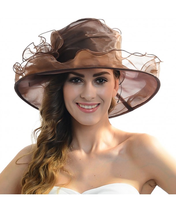 Women Church Kentucky Derby Hat Organza Wide Brim Hat (Brown) - C012BTOKQA5