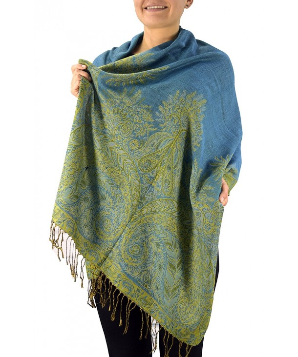 Peach Couture Soft Vintage Persian Paisley Printed Solid Pashmina Shawl Scarf - Blue - CU1874TG0D0