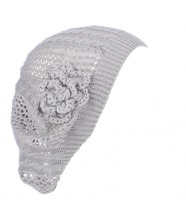 AN Open Weave Womens Crochet Mesh Beanie Hat Flower Fashion Soft Knit Beret Cap - Light Gray Cable - C3182WEU8IW