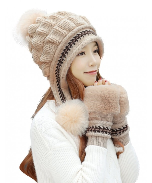 Bellady Women Winter Crochet Knit Ski Warm Beanie Pom Ball Hat - Hat Glove Set_beige - C1188KLXS8M