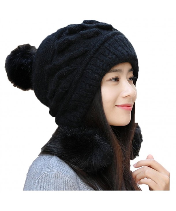 Packitcute Winter Women's Korean Cute Young Fashion Earmuffs Knitted Hat - Black - CR187MZ4O9D
