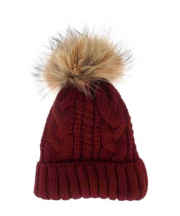 La Vogue Women's Thick Cable Knit Beanie Hat with Soft Faux Fur Pom Pom - Red - CA12MZAEMHR