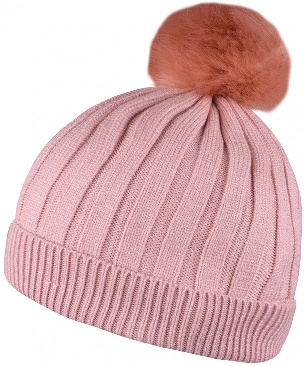 WDSKY Chunky Beanie With Pom Fleece Lined Winter Skull Hat Knit Beanies Solid Color - Light Pink - CF188NLQM70