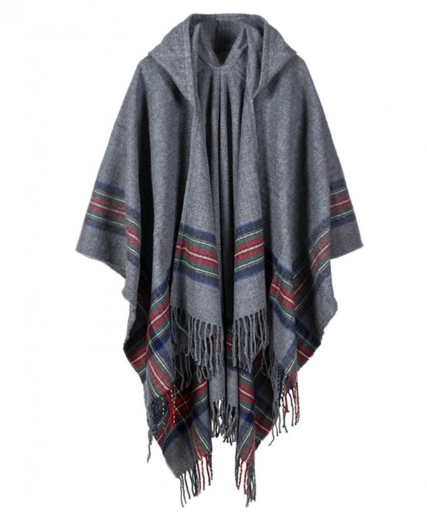 SAMGOO Women's Hooded Stripe Poncho Cape Loose Fit Tartan Shawl Wrap Tassel Long Cardigans - Grey - CE187Q8KSGQ