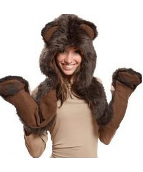 Julvie Faux Fur Full Animal Hood Hoodie Hat 3-in-1 Mittens Scarf Spirit Paws Ears - Bear - CW12NYFOUUG