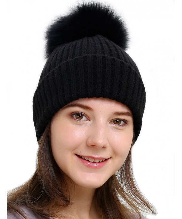 HH HOFNEN Womens Girls Knit Beanies Large Real Fox Fur Pom Pom Winter Hat - Black - C31869CU6HY