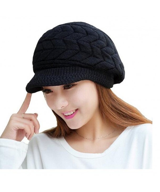 Geoot Womens Winter Warm Knit Caps Wool Snow Hats With Visor - Black - C4129XZFNCT