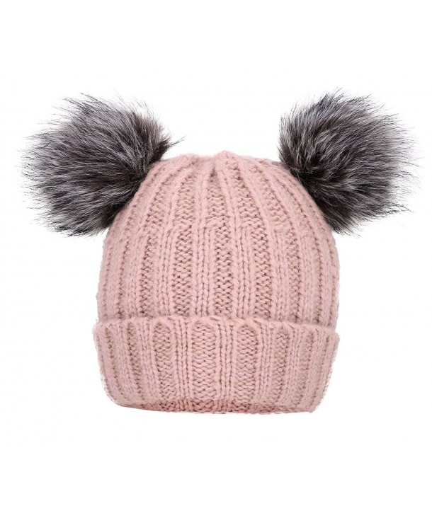 Arctic Paw Cable Knit Beanie with Faux Fur Pompom Ears Pink - C9182S5GCCR