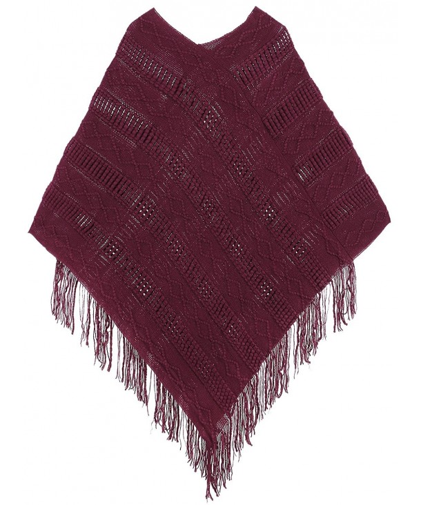 Livingston Women's Cozy Knitted Pullover Sweater Wrap Shawl w/Tassels - Burgundy - CG188KR5NYG