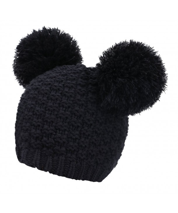 Livingston Women's Winter Chunky Knit Beanie Hat w/Double Pompom Ears - Black - CB12OCUMH6Q