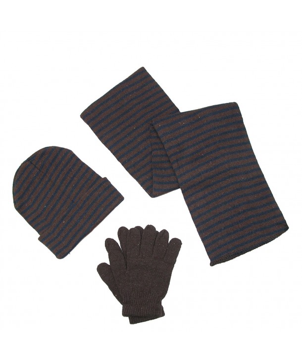 CTM Men's Knit Striped Hat Gloves and Scarf Winter Set - Brown With Navy - CY11HHZBFOD