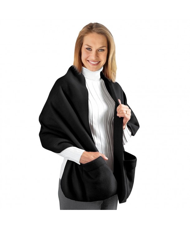 Fleece Wrap Shawl With Pockets- 66"L - Black - C011P3DC9IR