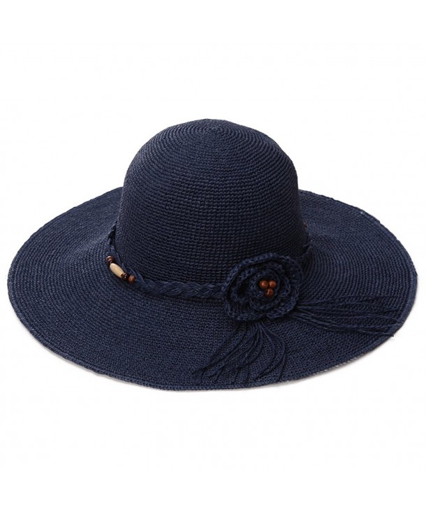 SIGGI Womens Hand-Crocheted Straw Floppy Sun Hat Foldable UPF Beading Decoration - 89035_navy - CX17YGEETD8