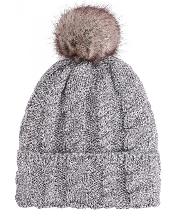 Arctic Paw Braided Heather Cable Knit Beanie with Faux Fur Pompom - Grey - C6185LUNZTN