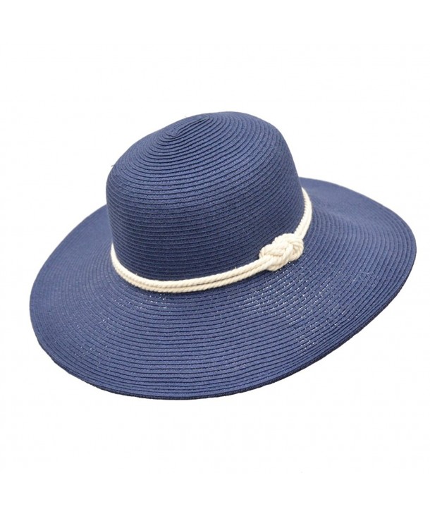 HatQuarters Classic Straw Floppy Beach Hat w Nautical Rope Hat Band- UPF 50+ Protection Sun Hat - Navy - CP17Z3L5QNL