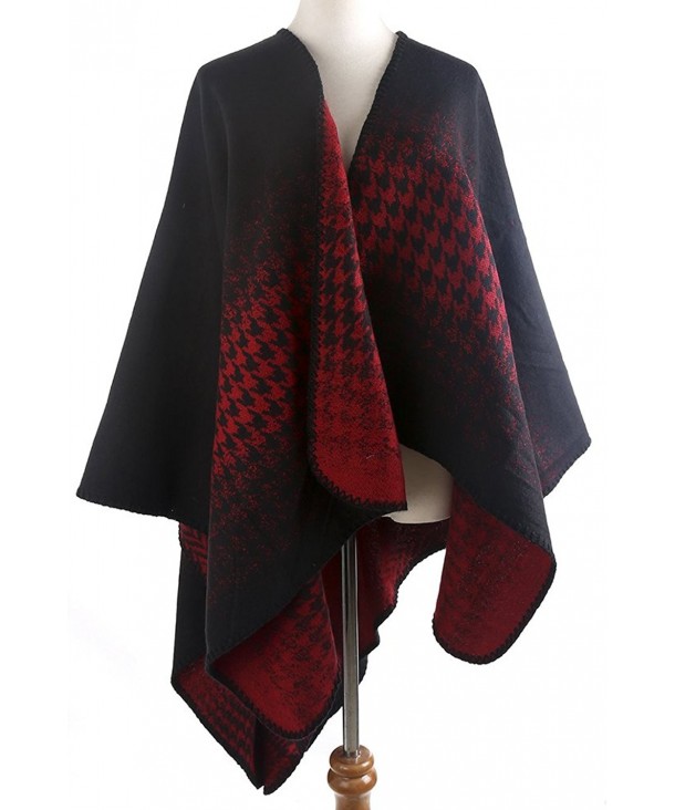 QZUnique Women's Blanket Winter Houndstooth Knitted Cardigans Scarf Shawl Poncho Cape - Black Red - CU1896SYLWC