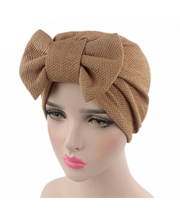 KINGSEVEN Women's Bow Solid Pattern Stretch Turban Hat Hair Wrap Sun Cap - Khaki - CV185ERWMUK