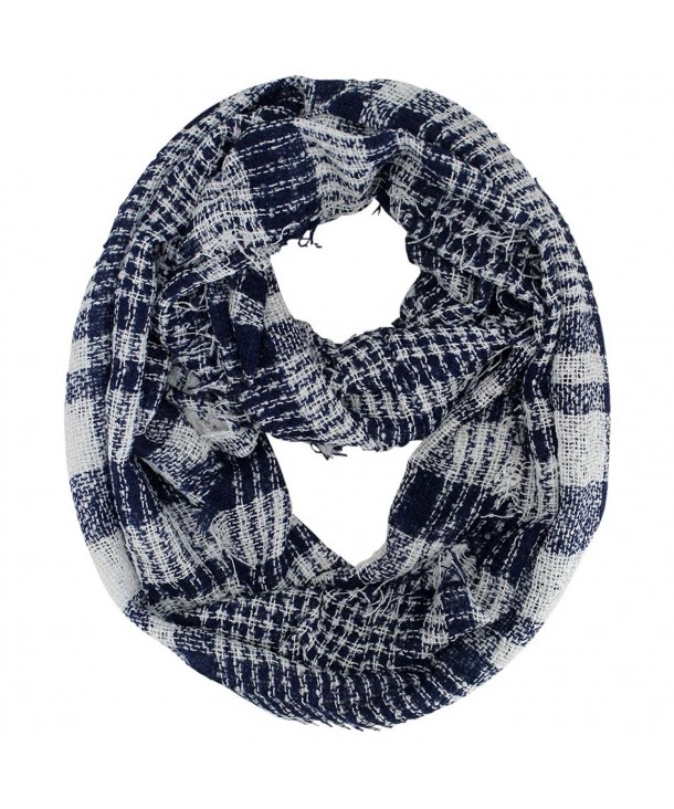 Lightweight Plaid Knit Circle Scarf With Fringe - Navy Blue - CQ126OPHB9T