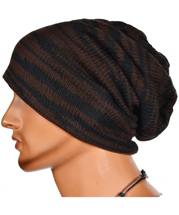 Chic Men Stripe Knit Slouch Beanie Cap Hat B05 - Brown - CZ11NVAZPRZ