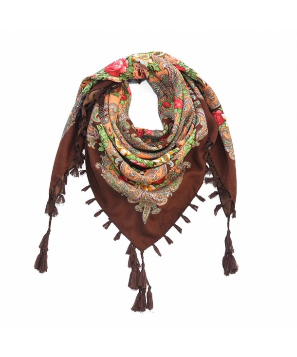 Women Scarf Vintage Trendy Fringe Big Square Long Warm Floral Scarves Shawl - Brown & Small - CB18698G8ZM