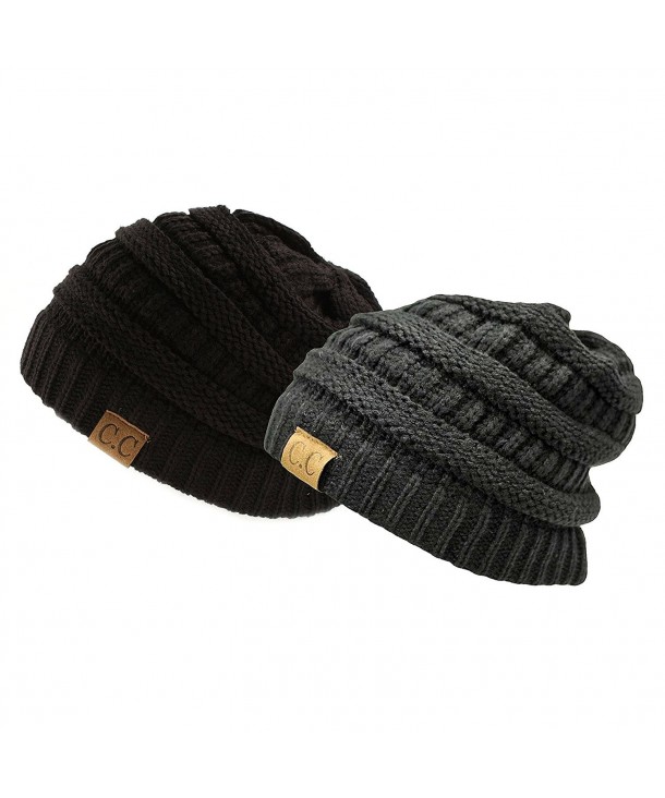 Trendy Warm Chunky Soft Stretch Cable Knit Slouchy Beanie Skully- Gift Set-Black & Charcoal- One Size - C211PW1Y6TF