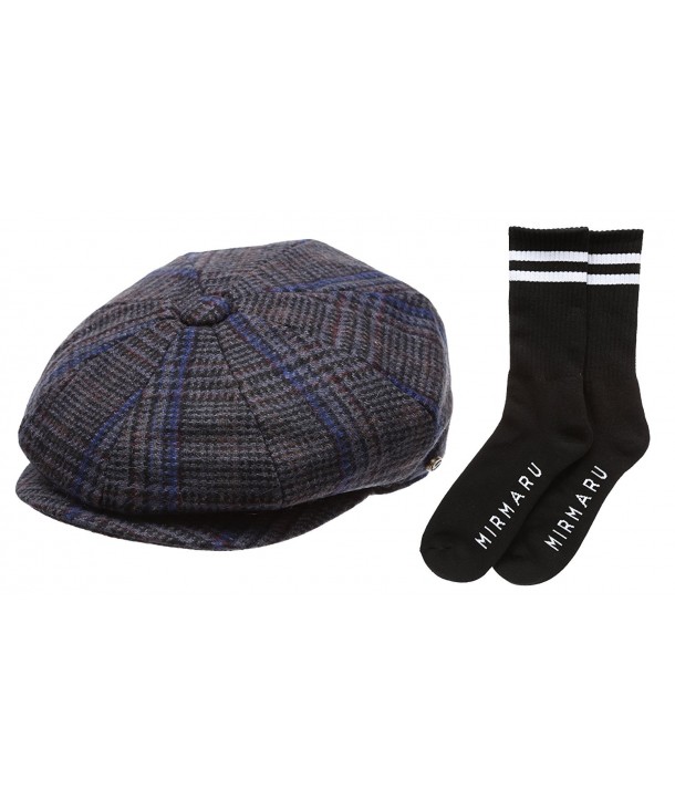 Men's Premium 100% Wool 8Panels Plaid Herringbone Newsboy Hat With Socks. - 2324-plaidblue - C812N284QA4