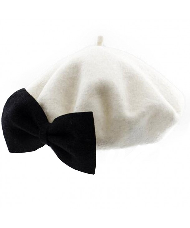 Lady French Beret Wool Beret Chic Beanie Winter Hat With Bow - White - CZ12N0GPJW8