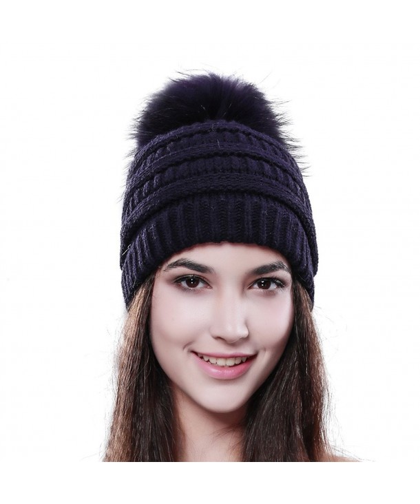 Womens Winter Slouchy Beanie Hat - Knitted Real Fur Pom Pom Hats Cap For Girls FURTALK Original - Navy Blue - C712LWBQENT