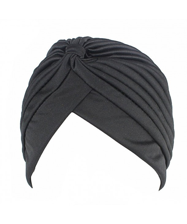 Kangnice Women Men Turban Head Wrap Band Chemo Bandana Hijab Pleated Indian Cap - Black - CX189LWL8R8