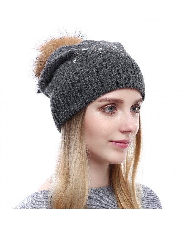 Vemolla Womens Beanie Knitted Wool Hats With Raccoon Fur Pom Pom - Grey - CX186HLMY5K