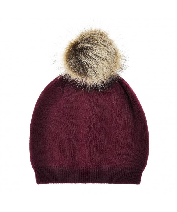 Women's Faux Fur Pom Pom Beanie Hat Winter Hat for Women - Burgundy - C3186XQC6K5
