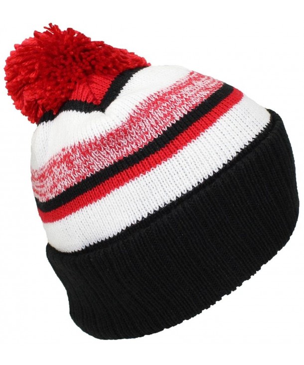 Best Winter Hats Quality Striped Variegated Cuffed Beanie W/Pom (L/XL) - Black/Red/White - C3186RNMCE0
