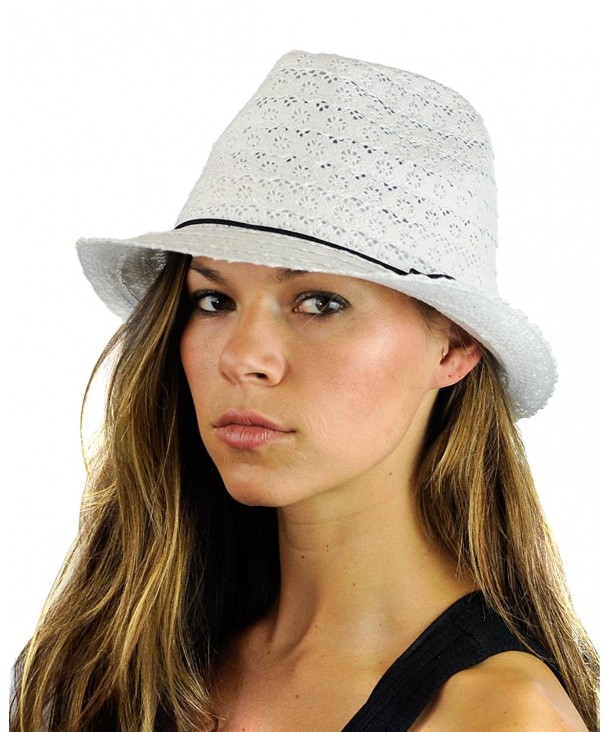 NYFASHION101 Slim Rope Band Crushable Cotton Lace Vented Fedora Hat - White - CE12CAFWWPT