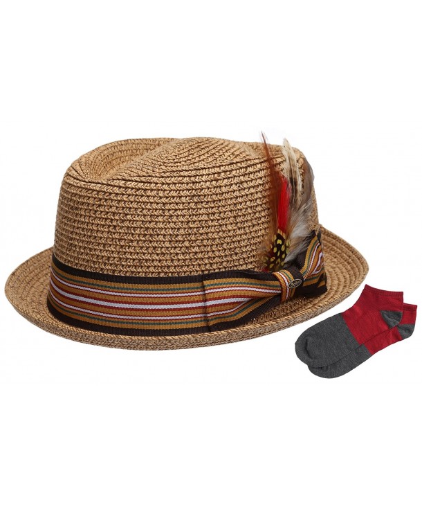 Epoch Men's Premium Straw Porkpie Fedora Hat With Summer Low Cut Sock - F1860-brown - CF12F70E0R3