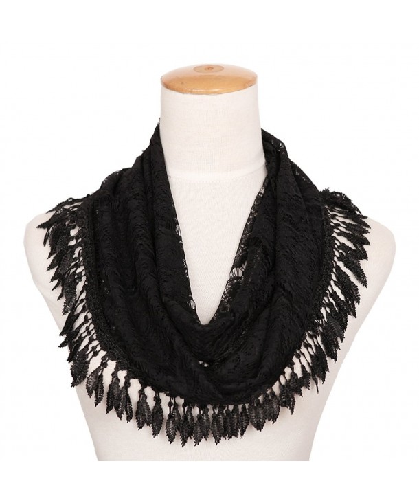 MissShorthair Womens Lightweight Lace Infinity Scarf with Tassels - Black Luck Leaf - CP1802TTOO5