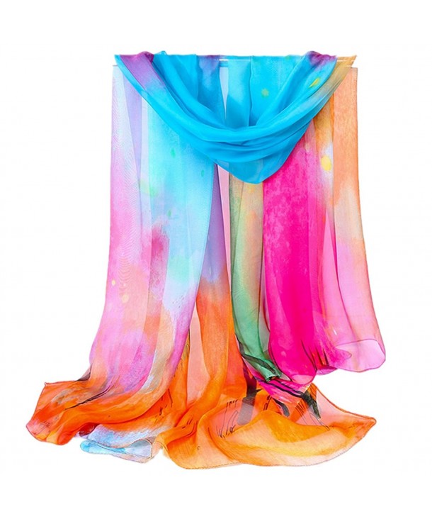 Extra Long Silk Scarf Neck Cover Wrapping Mixed Color Printed Shawl Early Spring - Blue 1 Piece - CF12H0NRZ4F