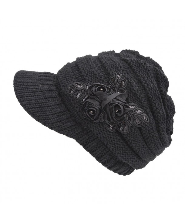 Plum Feathers Women's Cable Knit newsboy Visor Cap Hat With Sequined Flower Accent - Black - CW11T7GKJLP