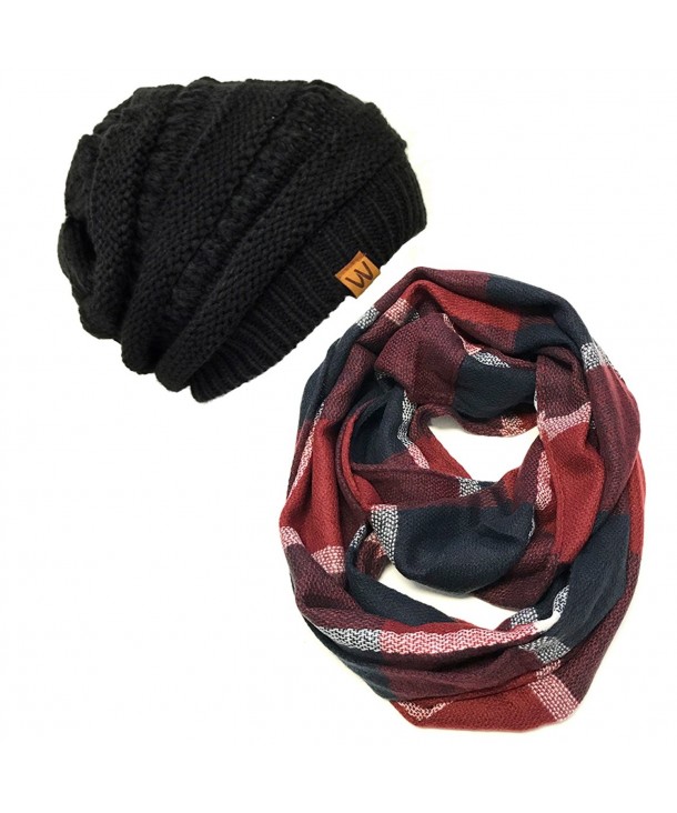 Wrapables Plaid Print Infinity Winter Scarf and Beanie Hat Set- Navy and Wine - C812OBVQRVY