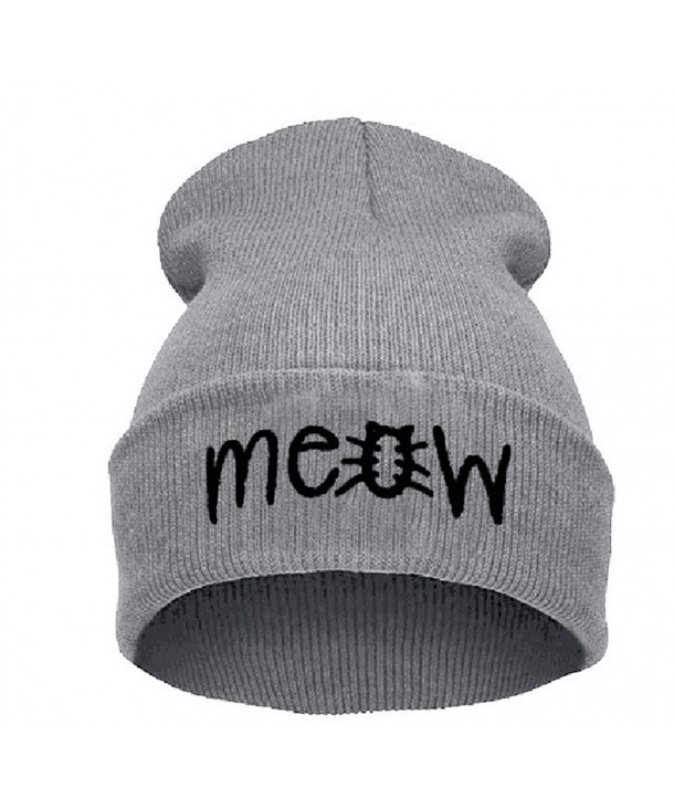 Beurio Slouchy Beanie Winter Knit Skull Hat for Women Men with Meow - Gray - CX12980Q4UT