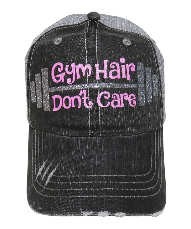 Silver and Neon Pink Glitter "Gym Hair Don't Care" Distressed Look Grey Trucker Cap - C912GM2C5K9