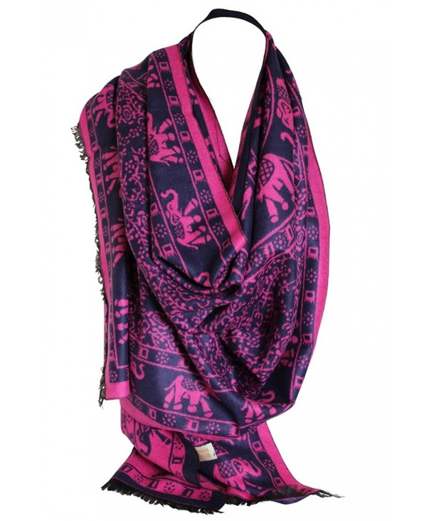Indian Elephant Print Warm Fleece Cashmere Blend Wrap Shawl Scarf Stole Head Hijab - Navy Blue & Pink - 9000770846