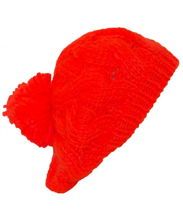 Papillon Hand Knit Solid Color Cable Knit Winter Beret W/Large Pom Pom(One Size) - Neon Orange - CP11P5CC2AF