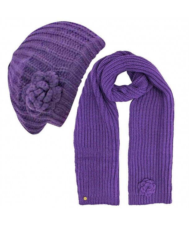 Feminine Rosette Knit Beret Hat & Scarf Set - Purple - CV110JONZVZ