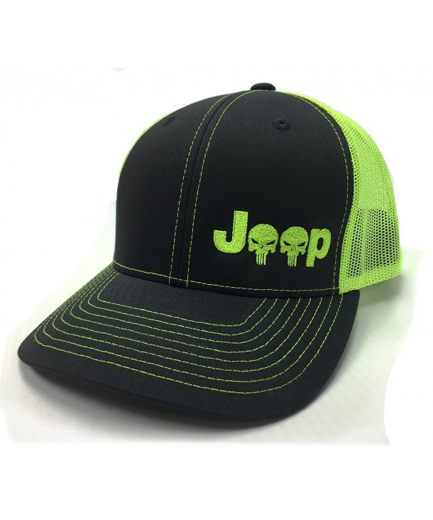 Jeep Logo With Punisher Skull Symbol Left Panel Embroidered Mesh/Twill Cap - Neon Green/Charcoal - C612D0KIGHR